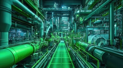 Poster - Machinery at work in a vibrant industrial plant with green tones, emphasizing sustainable production processes and energy-saving technologies
