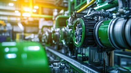 Poster - Machinery at work in a vibrant industrial plant with green tones, emphasizing sustainable production processes and energy-saving technologies