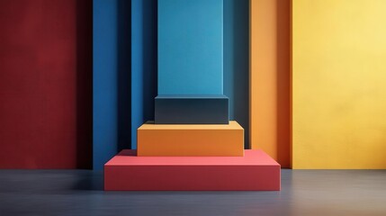 Poster - A vibrant, modern composition featuring colorful geometric shapes stacked against a textured wall, creating a striking visual contrast.