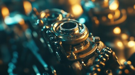 Wall Mural - Close-up of a car engine's internal components, including pistons and timing chain. The detailed shot captures the precision and intricate design of the engine's moving parts.