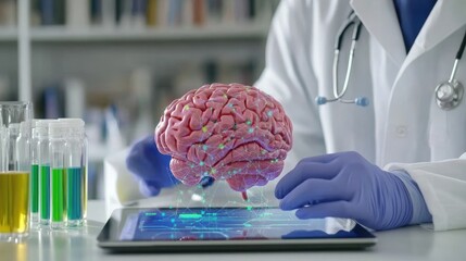 Poster - Doctor in lab coat analyzing patient data on a tablet, digital connections symbolizing innovation.