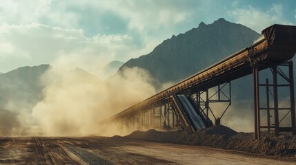 Poster - Rugged industrial conveyor belt at a mining site, towering mountains in the background, dust swirling through the air