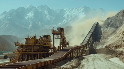 Poster - Rugged industrial conveyor belt at a mining site, towering mountains in the background, dust swirling through the air
