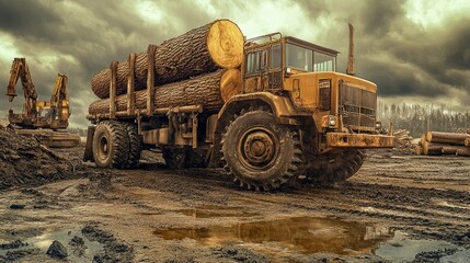 Poster - Rugged logger truck on an industrial site, hauling large timber logs with a backdrop of machinery and rough terrain in a gritty setting.