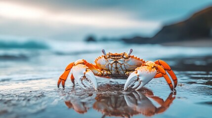 Close-up of a freshly caught Dungeness crab on wet sand, with vibrant orange and white coloring. The crab's claws are prominent, showcasing its unique features against a coastal backdrop.