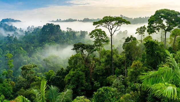 a serene rainforest landscape showcasing lush greenery, towering trees shrouded in mist, emphasizing