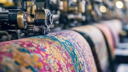 Aufkleber - Textile machine intricately crafting vibrant patterns in a modern factory, with machinery and threads moving in harmony under bright lights.