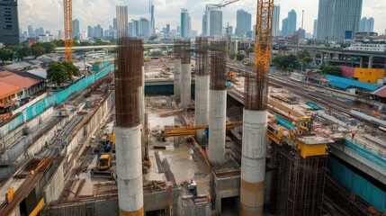 Poster - Close-up of concrete bridge pillars and cranes on the new high-speed railway construction site from Bangkok to Nakhon Ratchasima