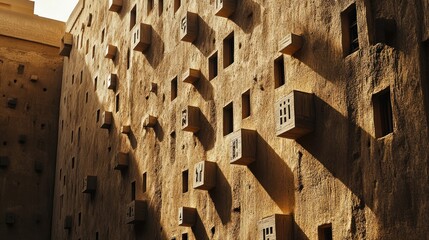 Wall Mural - close-up of diriyah mud-brick facades in riyadh, featuring textured walls and historic wooden accent