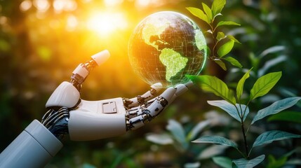Poster - Environmental preservation, robotic hand holding a glass earth with lush greenery thriving inside.