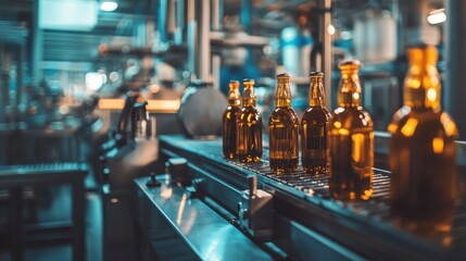 Poster - Warm, soft lines of beverage production equipment in a factory setting, with subtle lighting highlighting the machines and surroundings