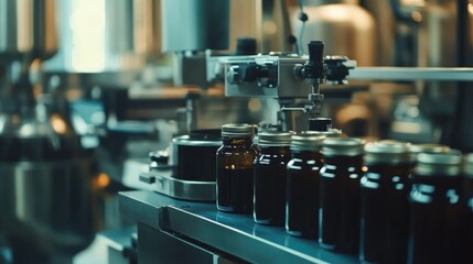 Poster - Wide shot of a packaging facility with modern filling machines working efficiently on a busy production line, filling bottles and jars.