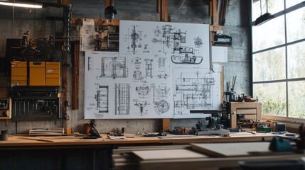 Poster - Wide shot of a workshop with technical blueprints of complex machinery pinned on the wall, highlighting the engineering and design process.
