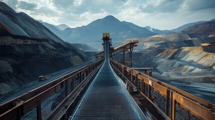 Poster - Wide shot of an industrial conveyor system at a mining site, with steep mountain ranges looming in the distance and a rugged atmosphere