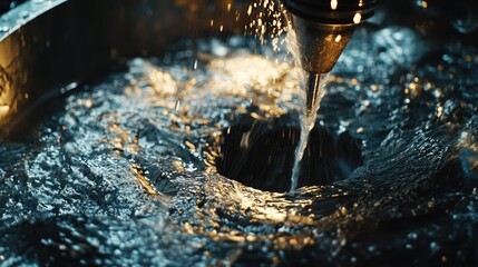 Poster - Wide-angle shot of a precision machining process with water jets cooling the metal as a machine cuts intricate shapes on a workpiece.