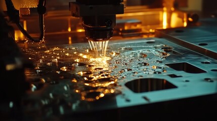 Poster - Wide-angle shot of a precision machining process with water jets cooling the metal as a machine cuts intricate shapes on a workpiece.
