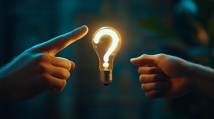 Canvas Print - Two human hands, one male and one female, reaching towards a glowing light bulb shaped like a question mark, symbolizing ideas and insights.