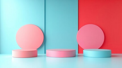 Poster - A vibrant arrangement of circular platforms in pink and blue against contrasting backgrounds, creating a modern and playful aesthetic.
