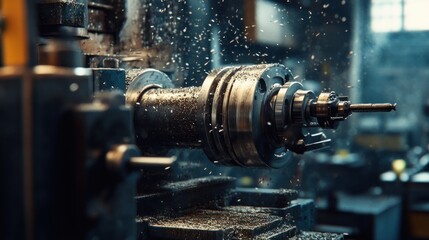 Wall Mural - Industrial workshop scene with a rotor of an electric motor mounted on a lathe. The cutting tools are in action, producing fine metal filings as the lathe shapes the rotor.