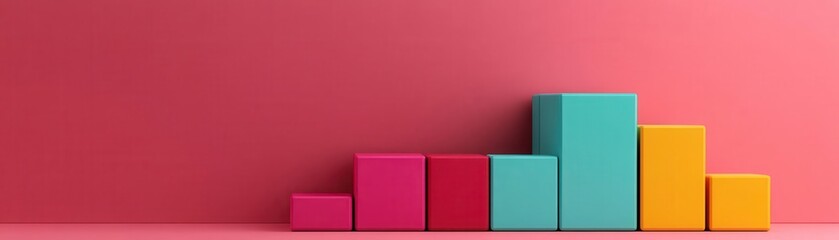 Poster - A colorful arrangement of 3D blocks in varying heights against a pink backdrop, suggesting growth or progression.