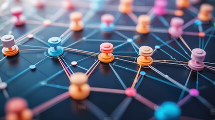 Poster - a colorful network of pins connected by lines on a dark background, representing a web of interactio