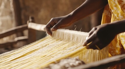 Poster - Artisan Weaver Skillfully Preparing Yellow Threads for Traditional Fabric Creation in a Warm and Rustic Workshop Setting