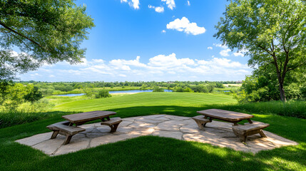 Aufkleber - A serene outdoor picnic area with wooden tables, lush green grass, and a picturesque view of the river under a bright blue sky