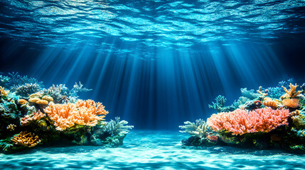 Poster - A vibrant underwater scene featuring colorful corals illuminated by sunbeams, showcasing the beauty of marine life and ocean depth