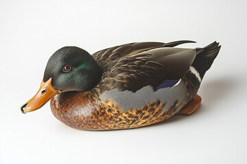 Wall Mural - Portrait of duck floating on water isolated on white background, Selective focus duckling on white.