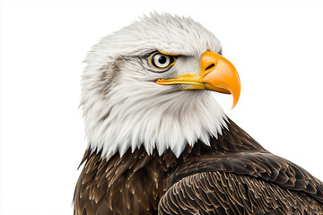 Wall Mural - Portrait american bald eagle isolated on white background, Elegant posture eagle flying in the sky on white, Close up shot eagle eye.