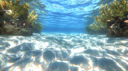 Poster - A serene underwater scene showcasing clear blue water, vibrant coral formations, and gently rippling sand, creating a tranquil aquatic environment