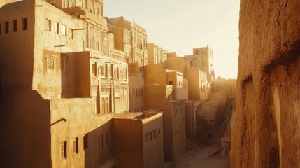 Wall Mural - sunlit mud-brick buildings in diriyah, riyadh, with earthy textures capturing the historical archite