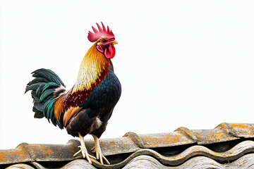 Wall Mural - Portrait of elegant  rooster on the roof in the morning isolated on white background, Selective focus male chicken on white.