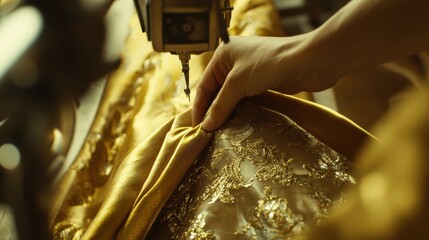 Poster - Close-up of a Seamstress Hand Sewing Elaborate Golden Fabric with Intricate Lace Patterns, Showcasing the Artistry and Skill in Textile Crafting