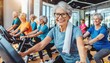 © netsay - Active and joyful healthy senior woman with grey hair staying fit and slim, smiling confidently while practicing yoga or fitness exercises indoors in a serene, well-lit environment.