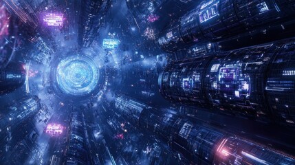 Poster - A futuristic tunnel filled with glowing technology and data streams.