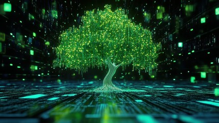 Poster - Glitchy neon green tree with falling leaves digital forest 3d artwork futuristic environment abstract concept