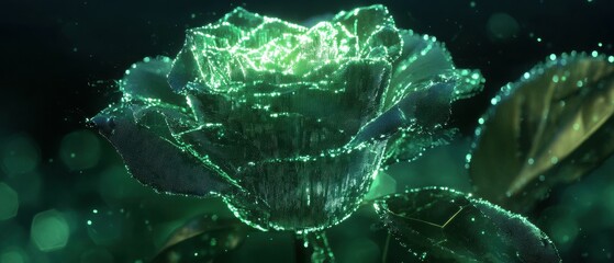Poster - Glitching neon green rose petals in digital art virtual space 3d animation mystical atmosphere