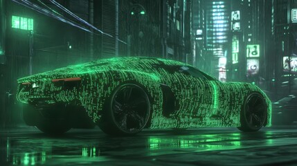 Poster - Futuristic neon green car display cyberpunk city digital art urban nightlife side view technology concept