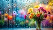 © Mali - Rainy Day Blooms Vibrant Bouquet of Colorful Flowers in Glass Vase Against a Wet Windowpane