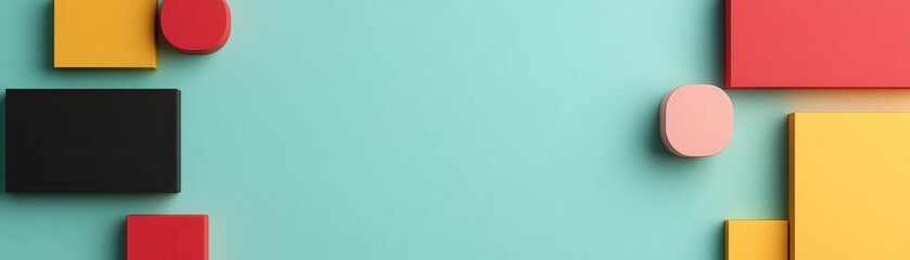 Poster - A vibrant arrangement of geometric shapes in various colors on a teal background, creating a modern and playful aesthetic.