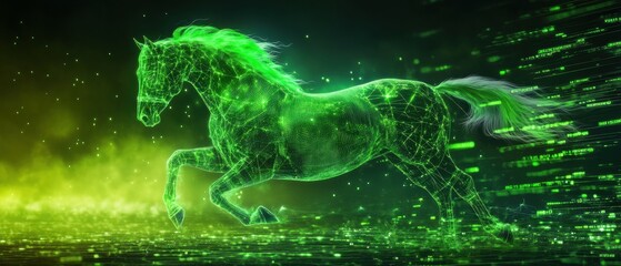 Poster - Digital horse galloping through cascading data waves futuristic environment graphic art concept