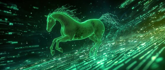 Poster - Digital horse galloping through cascading data visualization virtual environment futuristic concept
