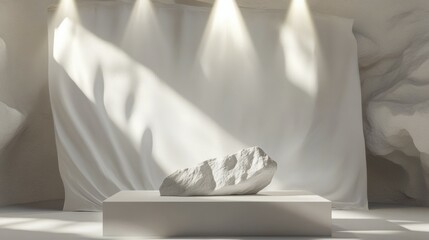 Poster - Artistic showcase white podium with sculpture under soft lighting contemporary gallery minimalist style