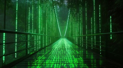 Poster - Matrix-style neon green bridge shimmering with digital code nature environment futuristic viewpoint