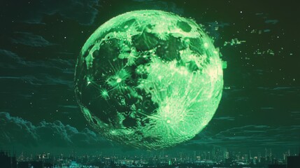 Poster - Glitchy neon green moon rising over urban landscape digital art futuristic environment night view