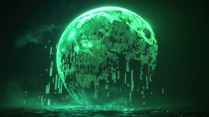 Poster - Pixelated neon green moon with glitchy code digital art sci-fi environment futuristic viewpoint