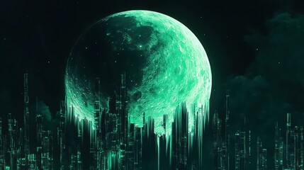 Poster - Cascading glitchy code under pixelated neon green moon digital art futuristic landscape night view sci-fi concept