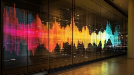 Poster - Data visualization graphs projected on glass walls in modern office space urban environment