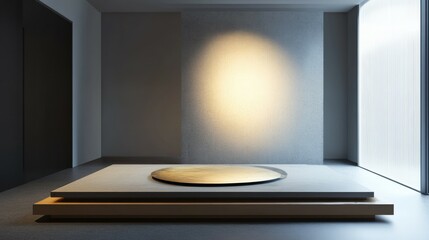 Poster - Illuminated floating podium featuring abstract art piece in modern interior space